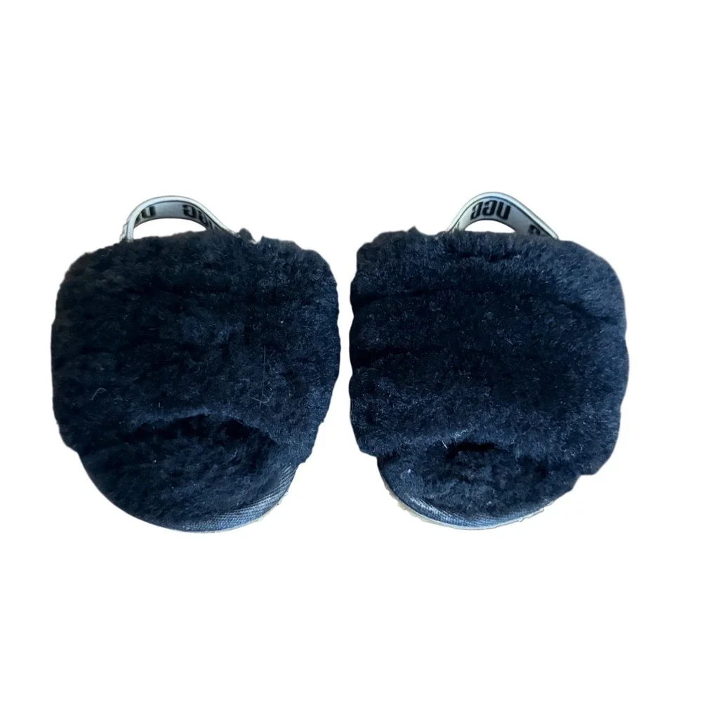 UGG Infant Fluff Yeah Slide Black Sheepskin Logo Strap Sandals 1019603T Size 4/5
